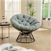 REXO Sedia Papasan in rattan, comoda ergonomica, girevole a 360°, per interni ed esterni, telaio marrone con morbido cuscino in velluto a coste verde chiaro, ideale per soggiorno, camera da letto