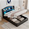 Ojjxh Letto Matrimoniale 140x200 con Contenitore, Letto imbottito con USB, Type-C e LED, Testiera con Vano Contenitore e 2 Vetrine, Sistema Idraulico con Struttura a Doghe, Nero, PU, Senza Materasso
