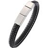 Ayoiow Bracciale Acciaio Catena Uomo Pelle Bracciale Nero con Fibbia in Argento Bracciale Acciaio da Incidere per Uomo