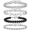 Jifudaciko 4 Pezzi Bracciale Uomo in Acciaio Inossidabile, Bracciali per Uomo, Set Bracciale Croce Cubana Obsidiana Catenella in Argento, Gioielli Metallo Regolabile per Uomo, Catena da Polso Regali