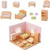 LUVDECO Set di 10 mobili per casa delle bambole, in plastica, effetto legno, mobili in miniatura per soggiorno, casa delle bambole, accessori per divano, tavolo, armadio, letto, cuscini, decorazione per casa
