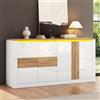 NADEUSAK Credenza in MDF con 4 ante, effetto rovere bianco lucido, con ripiani regolabili, per soggiorno, sala da pranzo, bianco e naturale, 140 x 35 x 70 cm