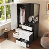 REXO Armadietto da trucco e guardaroba, sgabello estensibile, specchio per tutto il corpo, cassetti divisi, armadietto portaoggetti, MDF, maniglie rotonde in ferro, nero, bianco