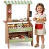 COSTWAY Bancarella in Legno per Bambini, Banco Mercato Giocattolo | con 6 Vani e 2 Cestini Estraibili, con Tetto, Lavagna, Bilancia e Accessori, per Bambini 3+ Anni, 50 x 33 x 91 cm