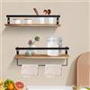 HHEMSTD Mensola sospesa a 2 ripiani, in legno di pino e ferro, 40 x 14,5 x 7 cm, stile retrò, con portasciugamani, barriera protettiva, montaggio a parete, per cucina, soggiorno, ufficio