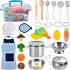 Unyqoos Set da cucina per bambini Unyqoos® da 30 pezzi - Set di pentole in acciaio inossidabile con grembiule e cappello da chef, tagliere, verdure giocattolo, set per giochi di ruolo per bambine e bambini