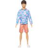 Barbie - Ken Fashionistas n. 219, bambola con maglietta a maniche lunghe rimovibile con motivo rosa e blu, pantaloncini rosa, giocattolo per bambini, 3+ anni, HRH24