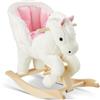 tectake® Cavallo a Dondolo per Bambini dai 18 Mesi, Unicorno Bianco Cavalluccio Dondolo Neonati in Peluche Morbido, Struttura in Acciaio, Cintura di Sicurezza, con Suoni, Maniglie Poggiapiedi in Legno