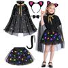YUYWWAN Costume da Gatto Luminoso Bambina, Set Costume da Gattina Nera Bambina, 5 Pezzi con Gonna LED, Orecchie, Coda, Cravatta e Mantello, per Halloween, Carnevale e Feste a Tema