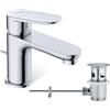 KLUDI - X1 rubinetto cromato con scarico a tiranti, rubinetto a risparmio idrico per bagno misura S, altezza erogatore 75 mm, cartuccia in ceramica, miscelatore lavabo con tubi di collegamento