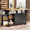 Ktipm Penisola Cucina Isola Cucina con Ruote e Piano Ribaltabile Bilaterale | Mobili Cucina con 2 Ante e 3 Cassetti, Ripiani Regolabili e Portasciugamani, 143x40-80x95 cm, Nero