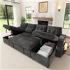 Lekvvied Divano Modulare U 4 Posti in Chenille Grigio con Letto Estraibile, 2 Chaise Longue con Contenitore, Divano Angolare con Luci LED e USB/Type-C, Bracciolo con Vano Portaoggetti