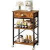 IBUYKE Scaffale da forno per cucina con cassetti, supporto per forno a microonde a 3 livelli con contenitore, tavolo da bar per caffè con ruote, ripiano regolabile, montaggio semplice, marrone rustico