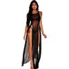 Zhcwldmi Abito da donna in rete trasparente, sexy, lungo, con spacco alto, abito da spiaggia trasparente per feste, bikini (nero/bianco)