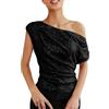 Nidddiv Top da donna con spalle scoperte, elegante, con spalle scoperte, asimmetrica, sexy, slim fit, con paillettes, per feste, sexy, per clubwear