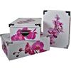2.J. 2J Set di 3 scatole Originali in Cartone Stampato Orchidea con Angoli e Maniglie in Metallo. Molto Bello Grande Decorato Dimensioni Scatola di Design Moderno: 38x26,5x14, 40x28,5x15, 42x30x16 Cm