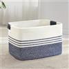 MYHOMMATTO Grande cesto per biancheria intrecciato in corda di cotone, 72L, con manici in cuoio, per coperte, vestiti, giocattoli, per lavanderia, camera bambini o soggiorno, 55x43x30 cm, bianco e blu