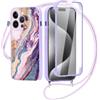 Yirlbey 360 Gradi Cover per iPhone 15 Pro Max 6,7'' con Cordino, Aesthetic Marmo Modello Design Trasparente Silicone Case Corda con Regolabile Laccio Antiurto Bumper Protezione Custodia, Viola