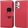 Ailisi Cover per Galaxy A53 5G, Red Flip Cover Cartoon Cute Cat Custodia Protettiva Caso Libro in Pelle PU con Portafoglio, Funzione Supporto - Gatto, Rosso Scuro