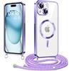 Micnkifo Elettrolitico TPU Magnetica Cover con Cordino per iPhone 15, Compatibile con Magsafe Ricarica Wireless, Antiurto AntiGraffio con Collana Regolabile per iPhone 15, Viola