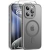 Qasyfanc Magnetica Cover per iPhone 15 Pro, Grigio | Compatibile con MagSafe,con 2 Pezzi Vetro Temperato Pellicola, Cover Clear Slim Fit Antiurto Militare Antigiallo