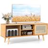 COSTWAY Mobile TV per TV Fino a 55, Mobile Porta TV in Bamb? Legno Gamba, Mobiletto Soggiorno con 2 Ante Scorrevoli in Rattan e in Vetro, Colore Naturale