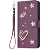 YKTO Portafoglio Custodia di Pelle Flip Cover per Realme Note 60X 4G Viola Pelle Flip Antiurto Wallet Case Custodia con 3D Strass Cuori e Fiori a Doppio Strato per Realme Note 60X 4G