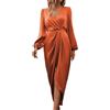 LIUYUYOUGO Abito Donna Abito Midi da Donna in Raso con Scollo A V Maniche Lunghe Elegante Abito in Seta con Elastico in Vita E Arricciature con Spacco per Cocktail Party Abiti da Cerimonia