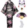 CRFASIBE 5 Pezzi Kimono Donna Lungo, Costume Giapponese Yukata per Cosplay | Set Completo Kimono con Accessori e Confezione Regalo, Taglia Unica, per Carnevale, Cerimonia, Festa