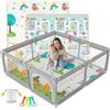 JUPPLIES Box Bambini 120×120 cm - Recinto Gioco per Neonato 6-24 Mesi, Rete Traspirante 360°, Struttura Antiscivolo e Robusta, Facile da Montare (Grigio con Manici + Cestino + Tappeto)