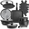 tectake® Set di Pentole 17 Pezzi per Induzione, Padella Grill, Alluminio | 2 Casseruole, Manici Removibili, Rivestimento Antiaderente, Coperchi in Vetro, Fondi a Spirale, Adatto al Forno, Nero