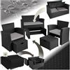 tectake® Salottino in Rattan Modena, Telaio in Acciaio, Tavolino Salotto con Piano in Vetro, Divano, Poltrone, Morbidi Cuscini, Involucro Protettivo Incluso - Nero/Grigio