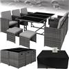 tectake® Set di Mobili Poli Rattan, Arredamento Giardino Elegante, 6 Sedie da Esterno, 1 Tavolo Vetro, 4 Sgabelli, Involucro Protettivo, Ideale per Balcone e Giardino, Arredamento - Grigio