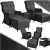 tectake® Set in Rattan Benissa, Salotto da Giardino Esterno con Poltrone, Poggiapiedi, Tavolino Salotto con Lastra in Vetro, Cuscini Idrorepellenti, Design Elegante - Nero/Grigio