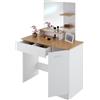 tectake® Tavolo da Trucco Moderno con Grande Specchio, Toeletta Trucco con Cassetto Suddiviso, Tre Ripiani Aperti, Postazione Trucco con Doppiofondo e Portella - Zoe, Bianco/Faggio