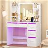 TEENFON Toeletta Trucco con Specchio, Piano in Vetro e Luci RGB, Luminosità e 3 Temperature Colore Regolabili, Postazione Trucco con Presa, 4 Cassetti, 4 Ripiani, 5 Ganci, Bianca Moderna