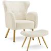 tectake® Poltrona e Poggiapiedi e Braccioli Comodi, Bouclé, Schienale Alto | Imbottitura Spessa, Ampia Seduta, 72 x 71 x 92 cm, Stile Scandinavo, Gambe in Acciaio, Portata max 120 kg, Bouclé Crema/Oro