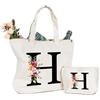 Sinekong Personalizzata Iniziali Borsa Tela Donna con Lettere e Fiori, Shopper in Cotone Canvas, Cosmetica per Sposa Damigella - Idea Regalo Mamma, Compleanni, Matrimonio (H)