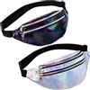 ausurme Marsupio olografico 2 pezzi argento nero PU Marsupio | Marsupio impermeabile lucido in PU con cintura regolabile, marsupio olografico leggero per viaggi, corsa, escursionismo