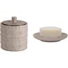 Spirella Relief Set Bagno Barattolo Porcellana + Portasapone Beige | coperchio abbinato, formato compatto, scanalature di scolo, superficie liscia, colore beige