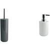 MSV Set Bagno Scopino WC + Dispenser sapone Grigio scuro e Bianco | contenitore chiuso, testina sostituibile, pompa antigoccia, ricaricabile, grigio scuro / bianco