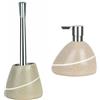 Spirella Etna Set Bagno Dispenser sapone + Scopino WC Bianco e Sabbia | pompa antigoccia, ricaricabile, contenitore chiuso, testina sostituibile, bianco / sabbia