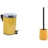 MSV Set Bagno Pattumiera 3 L Inox + Scopino WC Ceramica Zafferano | coperchio soft-close, secchio interno estraibile, contenitore chiuso, testina sostituibile, colore zafferano