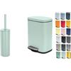 Spirella Akira Set Bagno Scopino WC + Pattumiera 5 L Inox Verde | contenitore chiuso, testina sostituibile, coperchio soft-close, secchio interno estraibile, colore verde