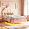Quiaviank Letto imbottito 90 x 200 cm, letto principesse con illuminazione a LED, Letto singolo con Testiera regolabile a forma di corona, Letto per bambini con rete a doghe e cassetto, senza materasso