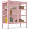 tectake® Vetrina Metallica per Salotto, 2 Ante in Vetro, 80 x 37 x 90,5 cm | 4 Lati Vetrati, Chiusura Magnetica, Ripiani Regolabili, 3 Scomparti, Piedi Antiscivolo, Antiribaltamento Incluso, Rosa