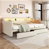 Moimhear Letto da giorno 90 x 200 cm, divano letto, letto con rete a doghe (senza materasso), luce ambientale con telecomando, letto con due cassetti, presa USB, linea (beige)