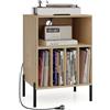 KOMFOTTEU Supporto per Giradischi in Vinil con Stazione di Ricarica, Porta Dischi Vinile Vintege con 5 Scomparti Aperti, Espositore per Dischi Fino a 145 Album per Soggiorno, 53x45x78,5cm (Naturale)