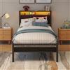 BORPHOM Letto in metallo e legno,90 x 200 cm,con rete a doghe,funzione di ricarica USB tipo C,testiera con vano portaoggetti,per ospiti o ragazzi,nero