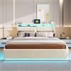 KEFSR Letto Matrimoniale 140x200cm con LED, Contenitore Pneumatico e Ricarica USB - Struttura Rinforzata Doghe, Tessuto velvet, No Base Elastica (Beige Velluto(3), 140x200)